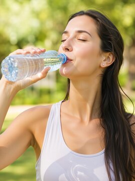Young woman drinking water from plastic bottle outdoors in park. Close up of active female refreshing herself on sunny day. Healthy lifestyle and hydration concept
