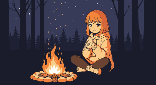 Girl Enjoying Campfire Under Starry Forest Night