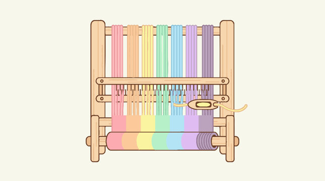 Wooden hand loom vector illustration with colorful pastel rainbow threads for weaving craft.