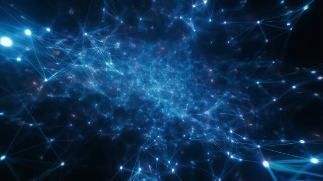 Digital network explosion with glowing nodes and connections. Futuristic data flow visualization in vibrant blue cyber space.