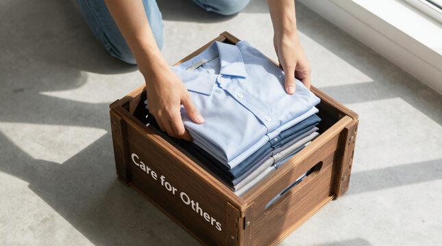 A person places a stack of neatly folded blue and gray shirts into a wooden donation crate labeled "Care for Others" on a light-colored floor.
