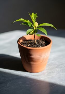 Small green plant growing in a terracotta pot on a marble surface with sunlight