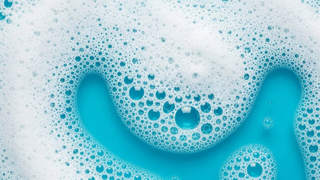 Abstract white soap foam curves and blue bubbles pattern on liquid cleaning cosmetic background