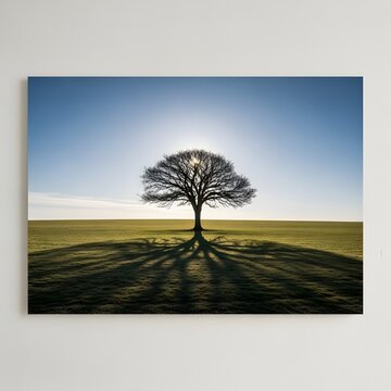 Solitary tree standing in a vast green field with sun flare and long shadows cast