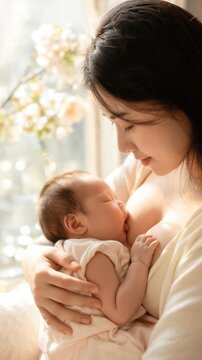 Asian woman breastfeeding her newborn baby. Mother nursing infant in soft natural light indoors. Maternal love and bonding during World Breastfeeding Week. Healthy child development care.