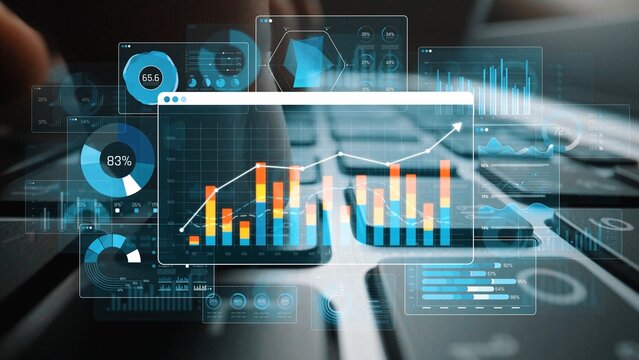 Digital Data Analysis and Statistics Visualization with Graphs and Interactive Elements on Keyboard Background Sigmoid