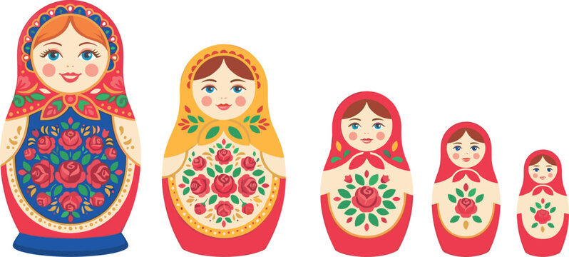 Traditional Russian Matryoshka Nesting Doll Set featuring Five Colorful Wooden Babushka Dolls with Floral Red Rose Folk Art Pattern Ornaments