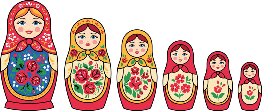 Traditional Russian Matryoshka Nesting Doll Set featuring Six Colorful Wooden Babushka Dolls with Floral Red Rose Folk Art Pattern Ornaments