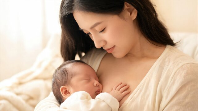 Asian woman breastfeeding her newborn baby. Loving mother hugging infant during World Breastfeeding Week. Nurturing connection, maternal care, and healthy nutrition for child development.