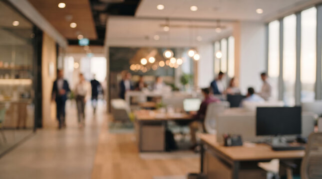Blurred background of modern corporate office interior with business people working