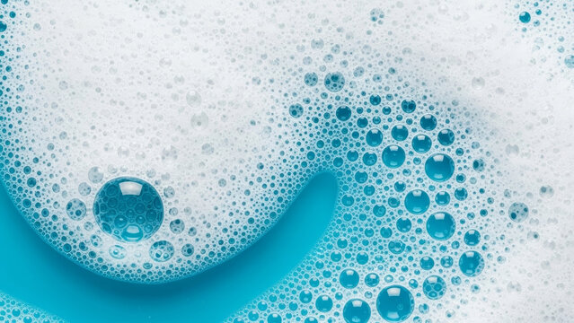 Blue soap bubbles background with white foam waves cosmetic cleaning or detergent concept