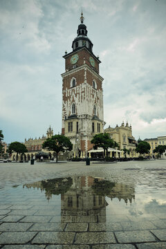 Town Hall Tower in a rainy day in Main Market Square, Krakow, Poland