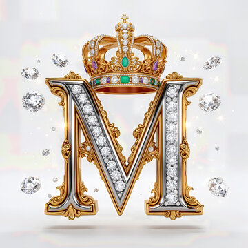 letra M, oro, dorado, 3d, corona, diamantes, reyna, rey, decoraciones, l&aacute;mpara, antique, antig&uuml;edad, vector, ilustraci&oacute;n, cardar, designio, viejo, dorada, retro, alumbrado, arte, silueta, estilo, dech