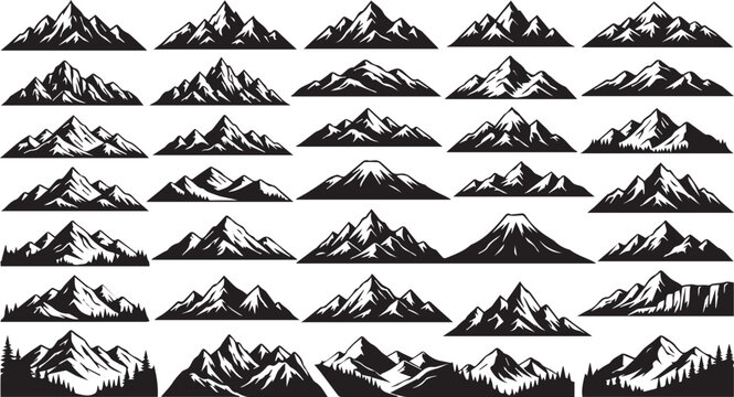 Mountain range silhouette icons. Black mountain graphics set.