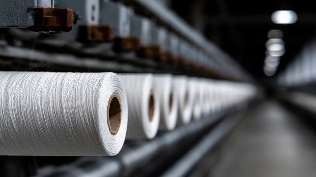 Industrial white cotton yarn spools on a textile machine. Concept for manufacturing supply and global textile trade.
