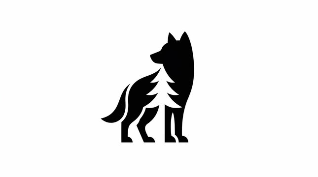 Minimalist black wolf silhouette with pine tree forest icon 
