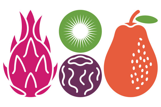 Stylized collection of diverse tropical fruits including dragon fruit kiwi passionfruit and papaya with vibrant colors and white outlines