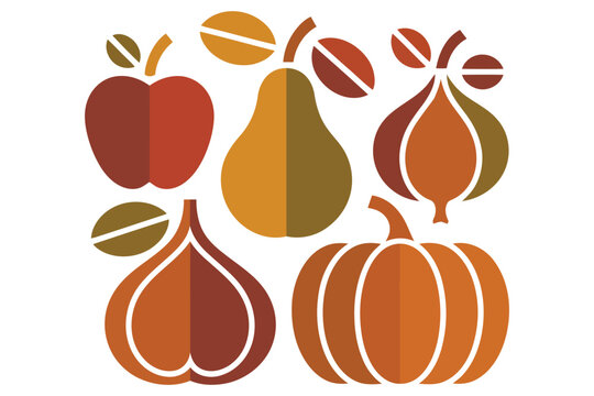 Autumn harvest collection featuring stylized apple pear onion and pumpkin illustrations