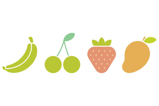 Flat vector icons of a banana cherries strawberry and mango arranged in a row
