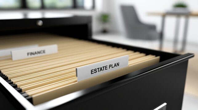 Open filing cabinet drawer with Estate Plan and Finance folders. Conceptual image for organizing personal legal.