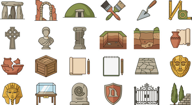 Archaeology and ancient history vector icon set featuring ruins statues pottery artifacts pharaoh mask and historical excavation site tools
