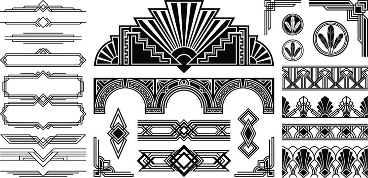 Art deco vector design elements set with geometric borders frames dividers corners and vintage 1920s luxury ornaments