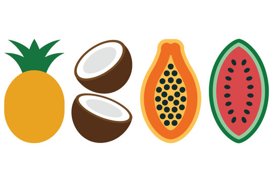 A collection of whole and sliced tropical fruits including pineapple coconut papaya and watermelon