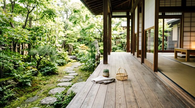 Wooden japanese terrace with basket and lush garden scenery.