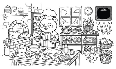 Obraz premium Charming bakery scene with panda chef a detailed coloring page illustration
