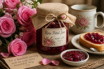 Naklejka premium A jar of rose petal jam sits next to a slice of toast with jam spread on it. Fresh pink roses are nearby. A note says for a beautiful morning and an even more beautiful day.