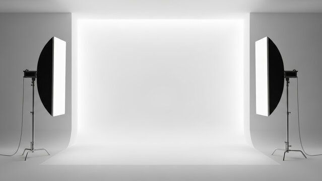 Empty photography studio setup with white cyclorama background and two softbox lights