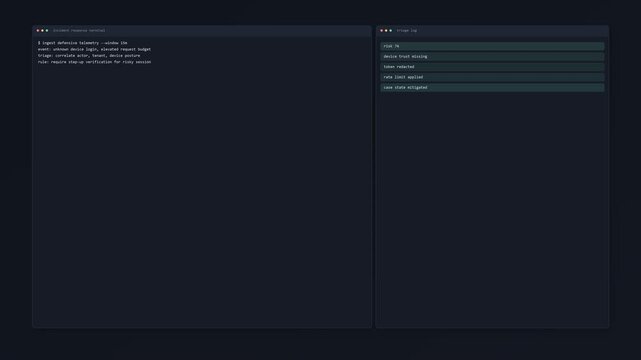 Security operations interface animation showing telemetry triage, defensive rule application, redacted logs and mitigated case status. Horizontal.
