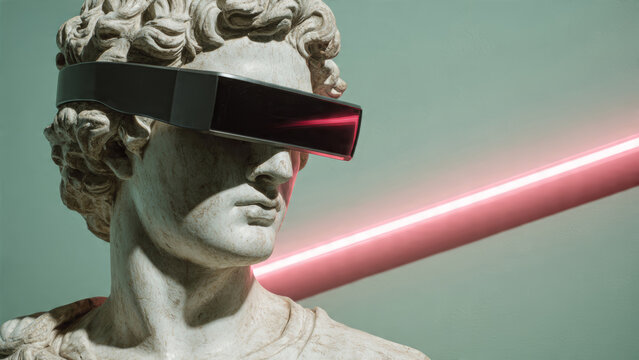 Futuristic marble statue bust wearing cyber glasses with neon pink light background