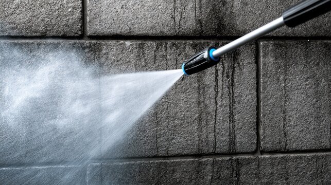 Pressure washer cleaning a dirty stone wall with water. Ideal for home maintenance and exterior renovation services.
