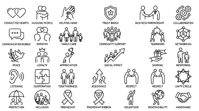 Minimal Linear Relationship Icons Collection Featuring Friendship Love Support and Teamwork Vector Set