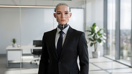 Fototapeta premium Humanoid robot in a business suit standing in modern office