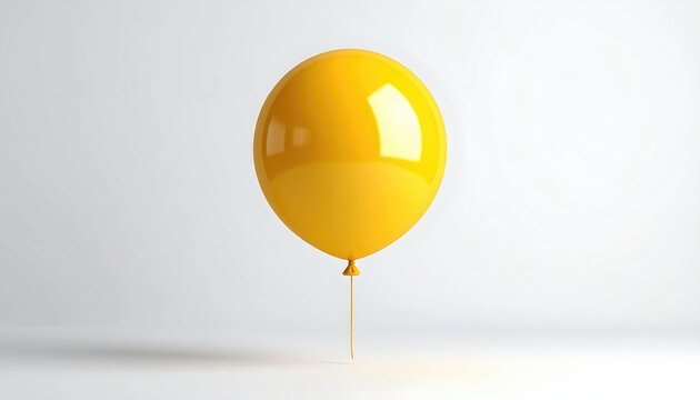 A singular, bright yellow, glossy balloon floats against a plain, stark white background