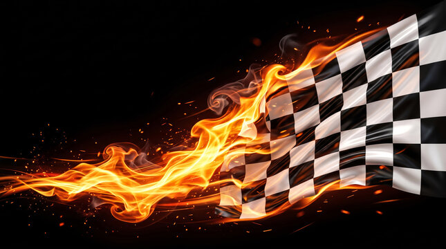 High speed motorsport concept with checkered racing flag engulfed in bright fire flames and sparks