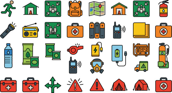 Emergency survival kit and disaster preparedness vector icons set with first aid safety gear assembly point and supplies