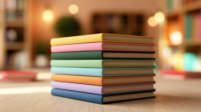 A stack of colorful books sits on a wooden desk. Concept for education and learning literature.