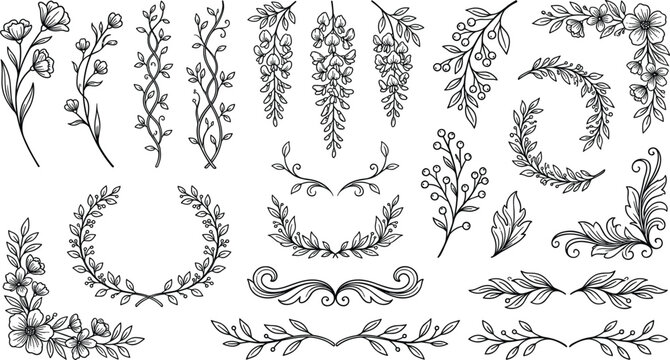 Hand drawn botanical floral elements vector set with vintage branches leaves wreaths laurels corners dividers and borders