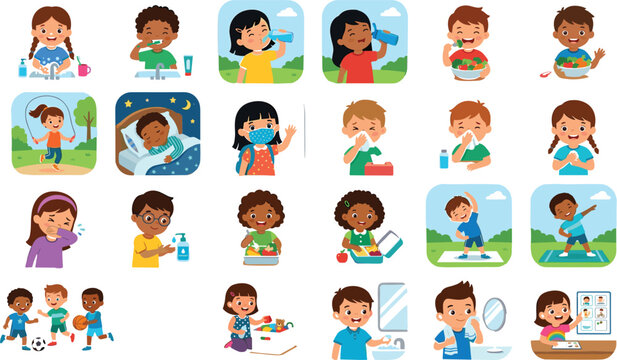 Healthy daily routine children vector set featuring kids hygiene hand washing teeth brushing exercise eating healthy food and sleeping