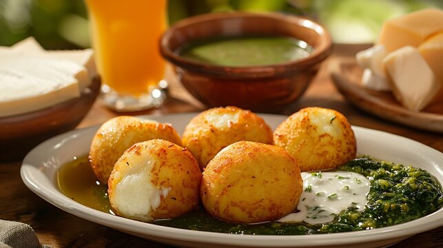bol&oacute;n de verde on oval white plate, positioned in the lower right third on a light breakfast wood table