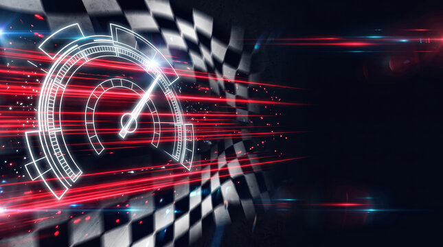 Racing background with speedometer outline red neon motion streaks and racing checkered flag