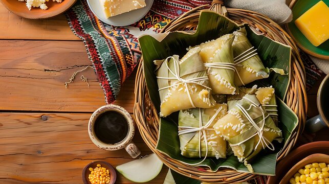  humitas in artisan wicker basket lined with green corn husks, positioned in the upper right third on a light wood table
