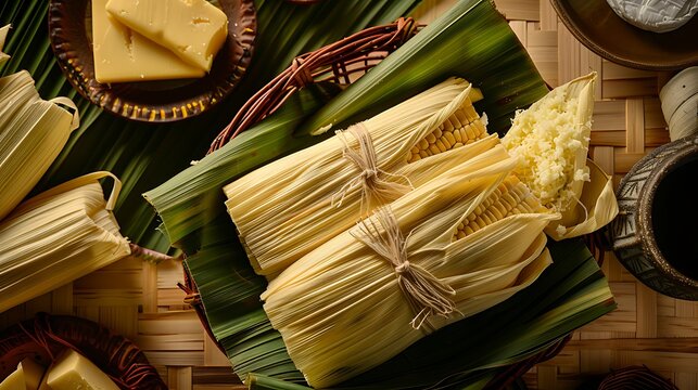  humitas in artisan wicker basket lined with green corn husks, positioned in the upper right third on a light wood table
