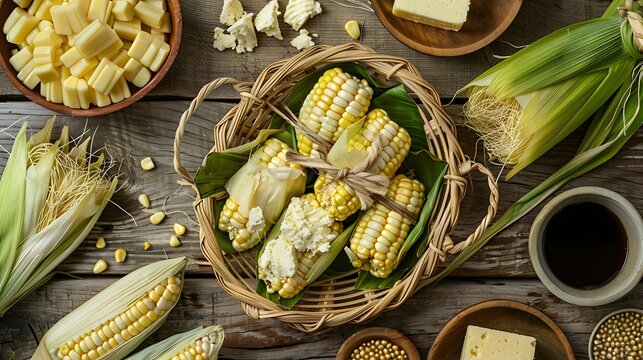  humitas in artisan wicker basket lined with green corn husks, positioned in the upper right third on a light wood table