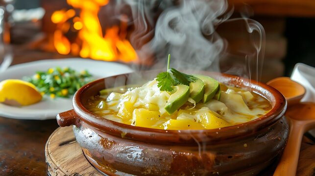 locro de papa in handmade brown clay bowl, positioned center-left on a dark rustic wood table