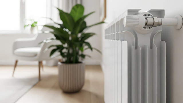 Thermostatic radiator valve close up on white heater in modern bright living room interior