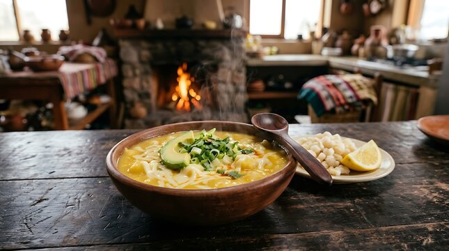 locro de papa in handmade brown clay bowl, positioned center-left on a dark rustic wood table